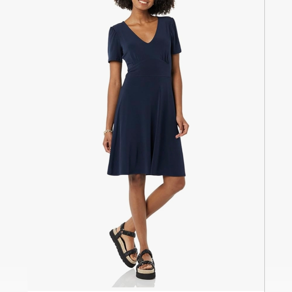 Amazon Essentials Elegant Navy Blue V-Neck Gathered Fit ALine Dress